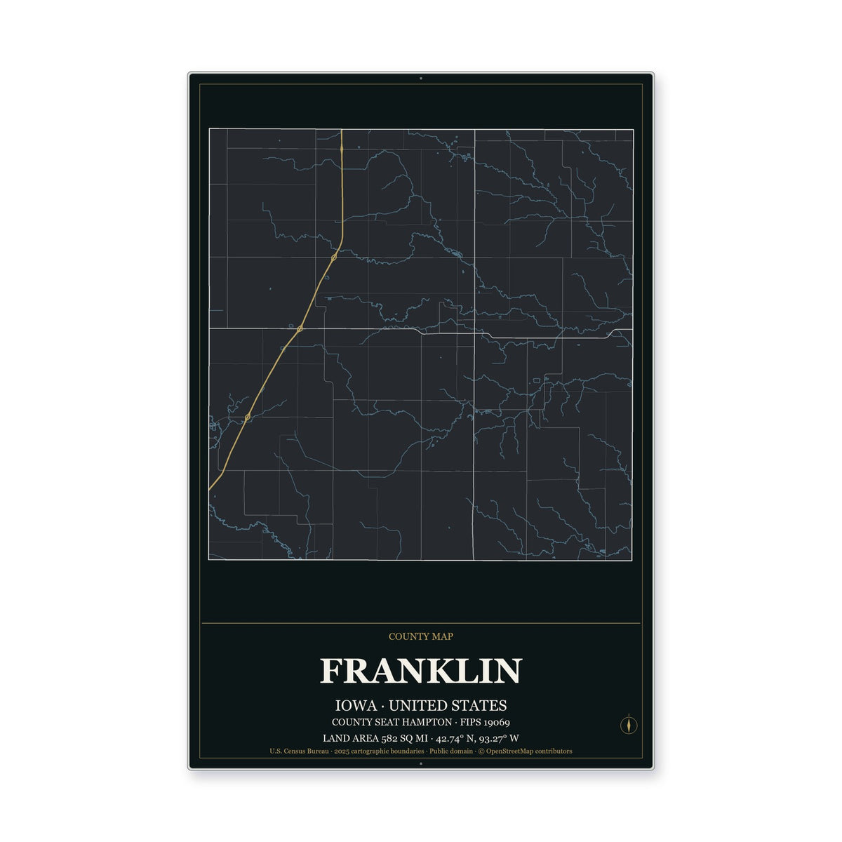 Franklin County, Iowa Map Aluminum Sign in Metropolitan Noir style