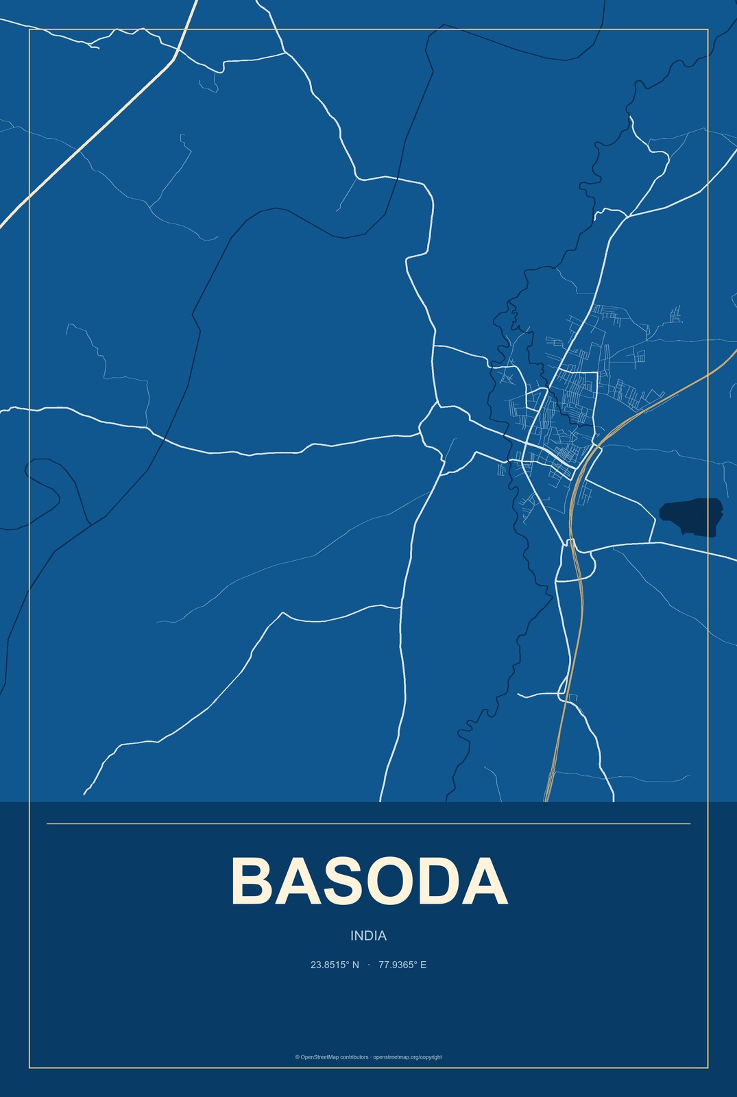 Basoda, India City Map Aluminum Sign in Harbor Cobalt style