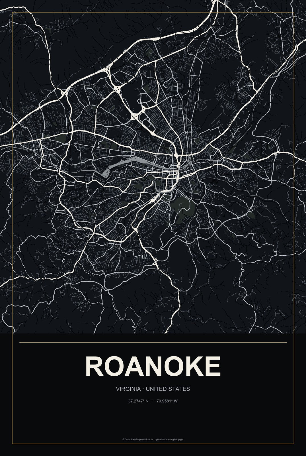 Roanoke, Virginia City Map Aluminum Sign in Metropolitan Noir style