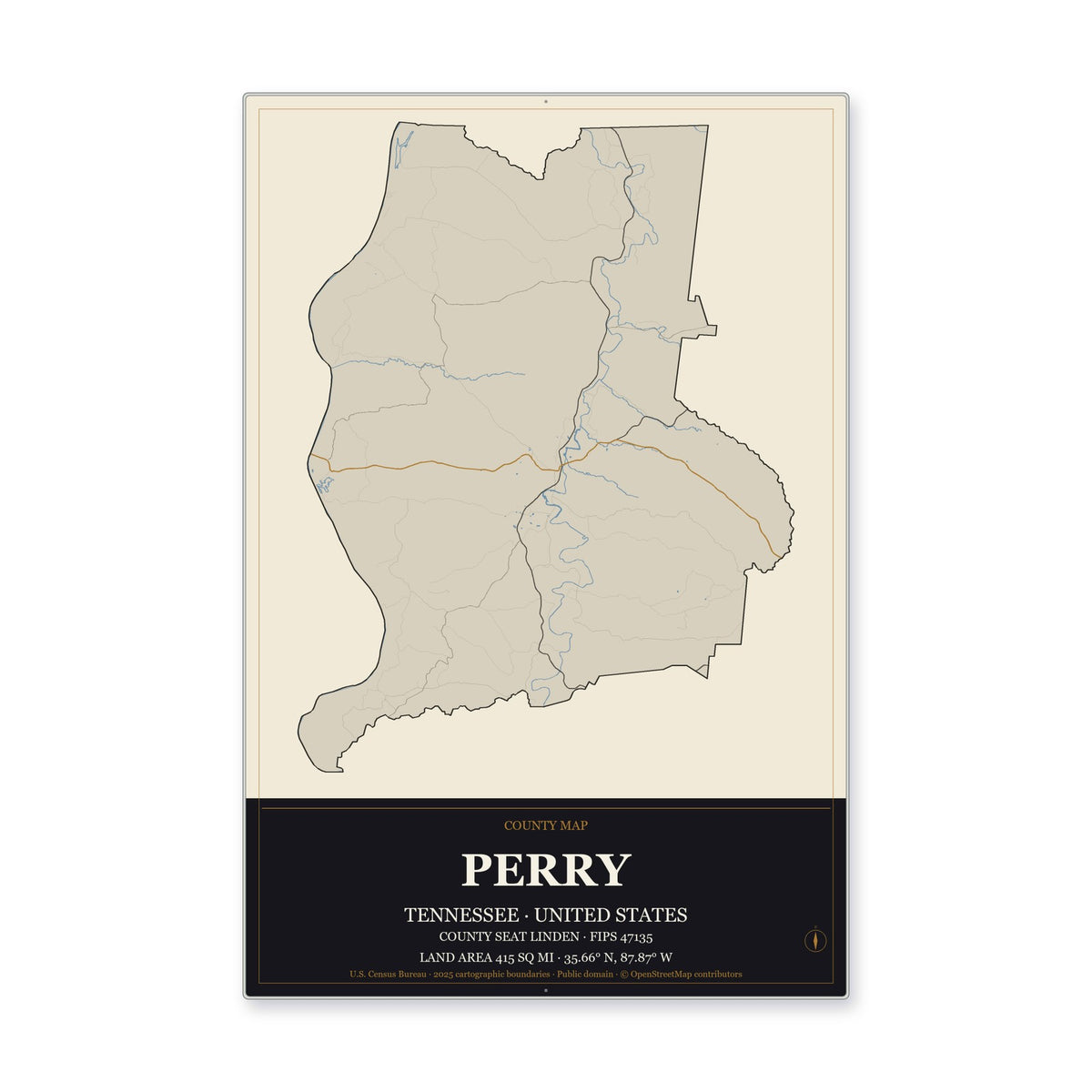 Perry County, Tennessee Map Aluminum Sign in Museum Plaque style