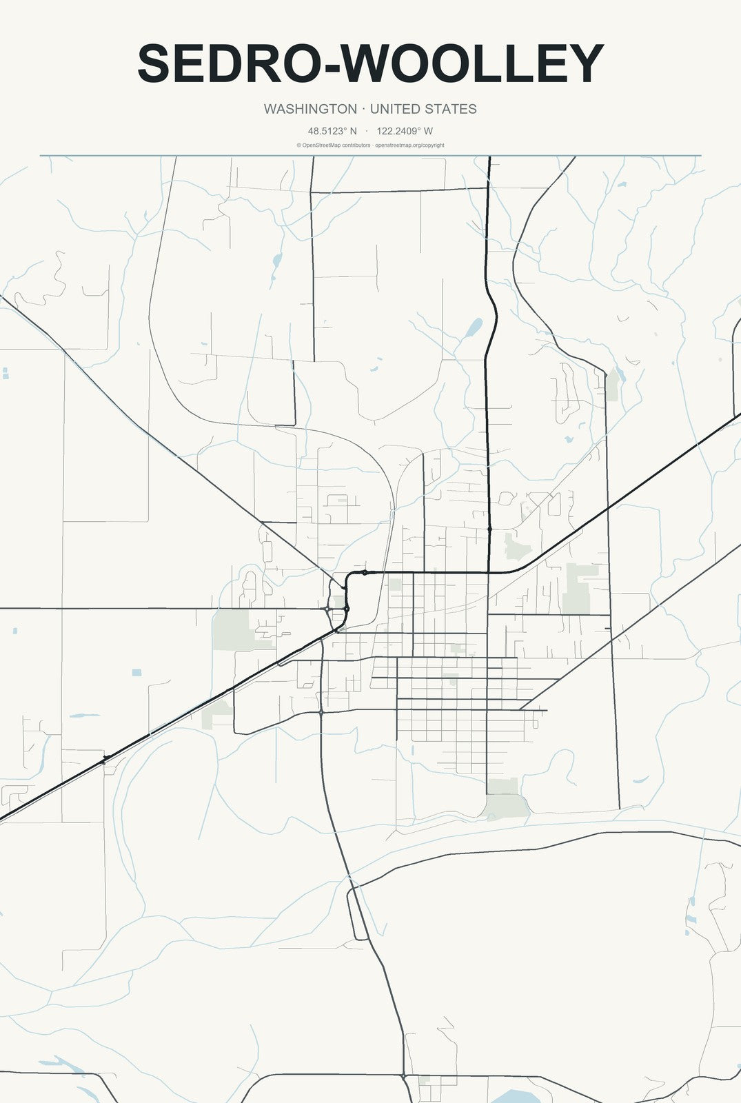 Sedro-Woolley, Washington City Map Aluminum Sign in Headline Atlas style