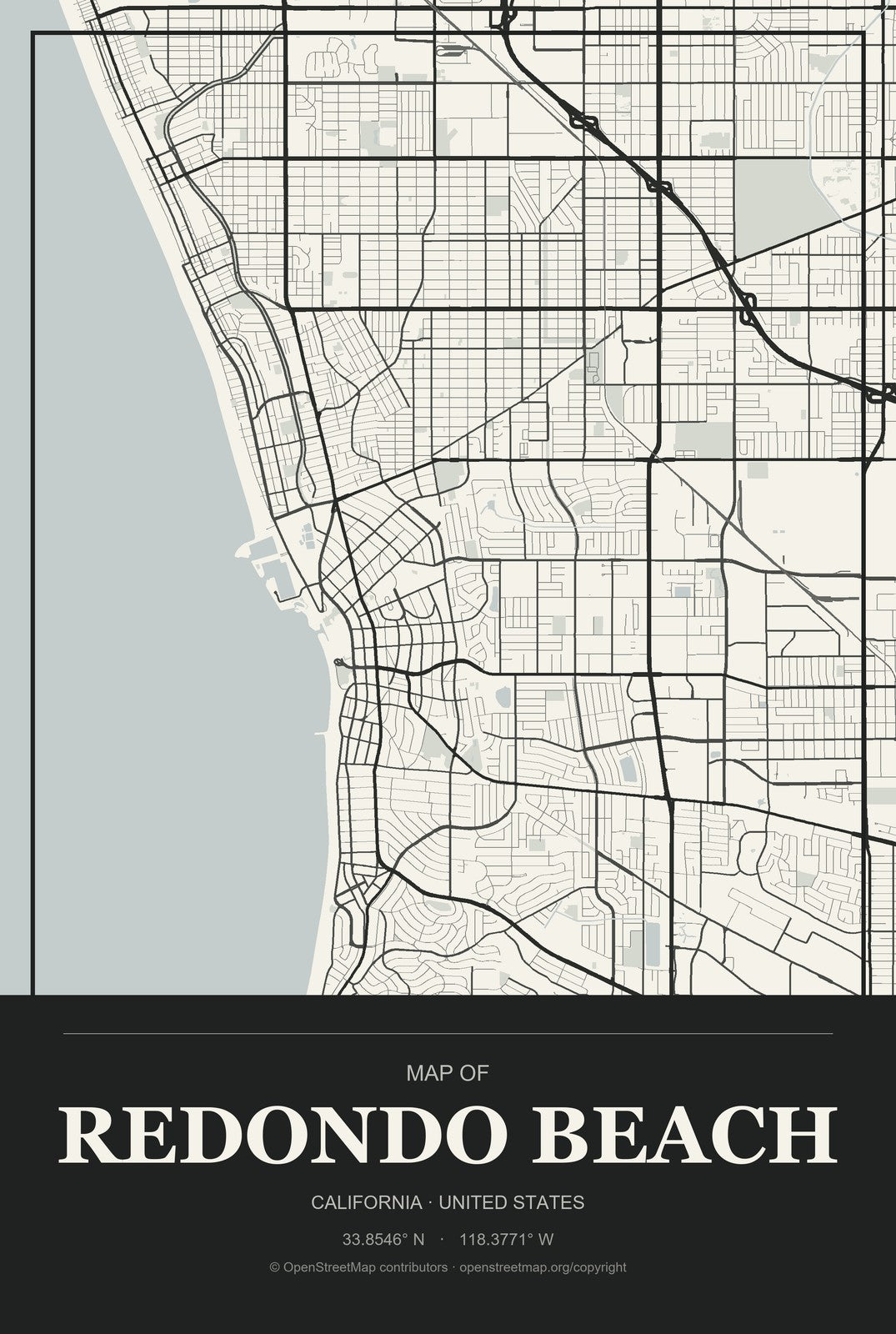 Redondo Beach, California City Map Aluminum Sign in Museum Plaque style