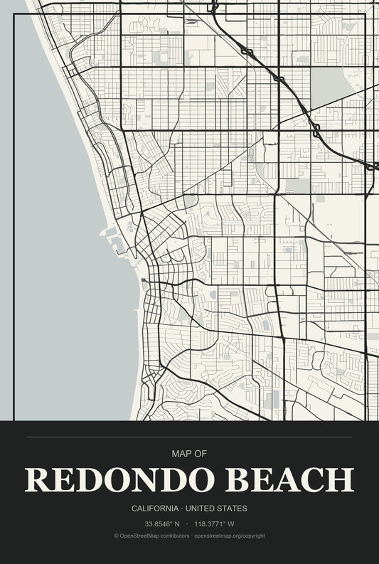 Redondo Beach, California City Map Aluminum Sign in Museum Plaque style
