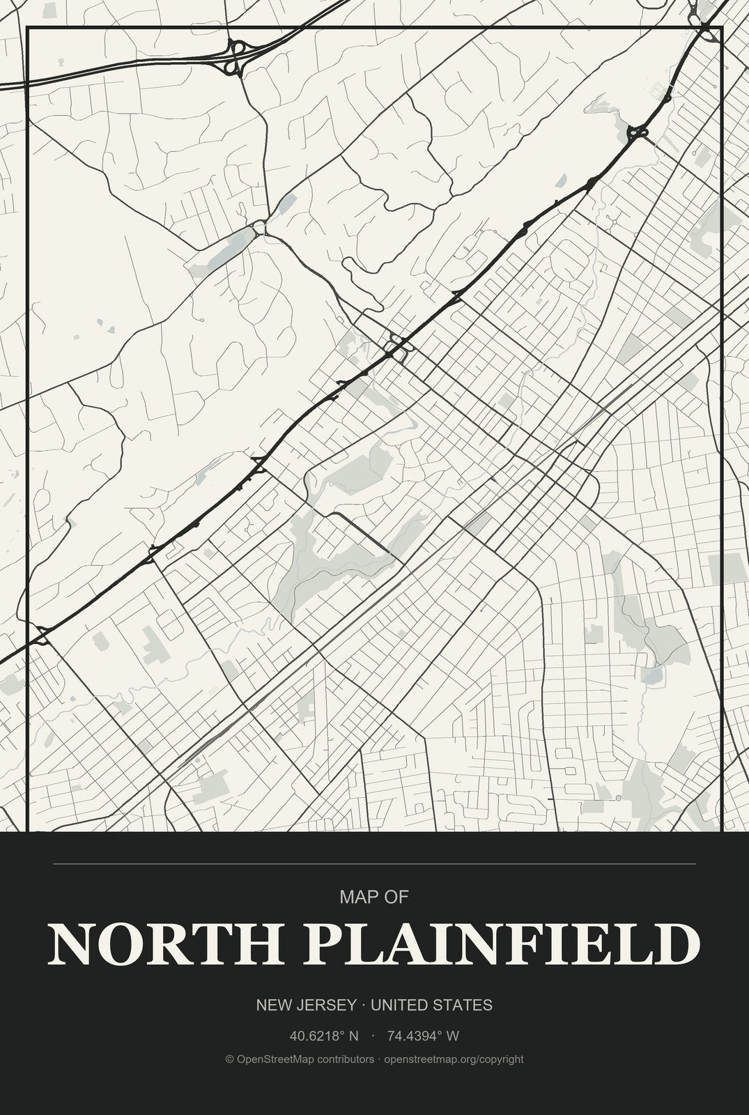 North Plainfield, New Jersey City Map Aluminum Sign in Museum Plaque style
