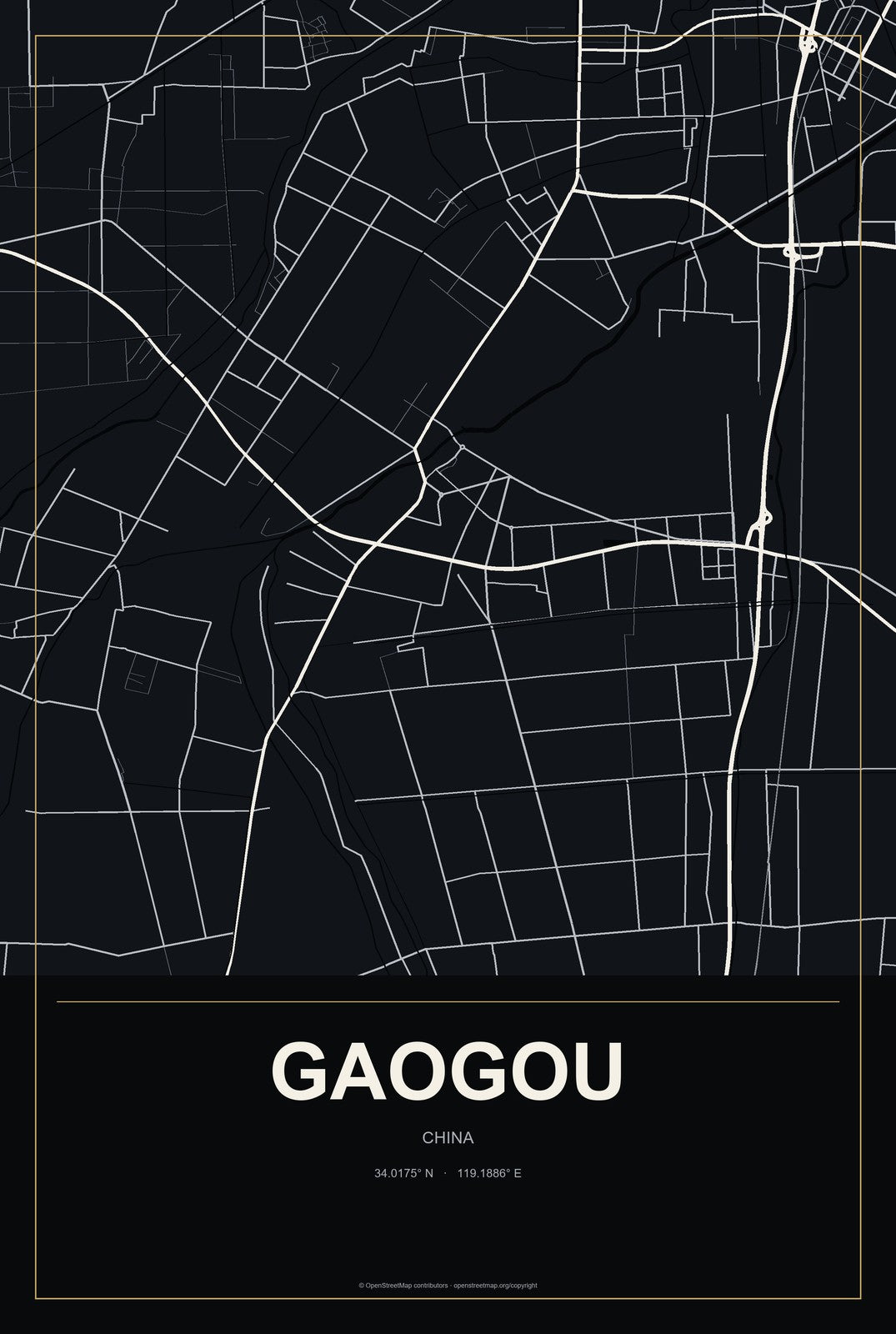 Gaogou, China City Map Aluminum Sign in Metropolitan Noir style
