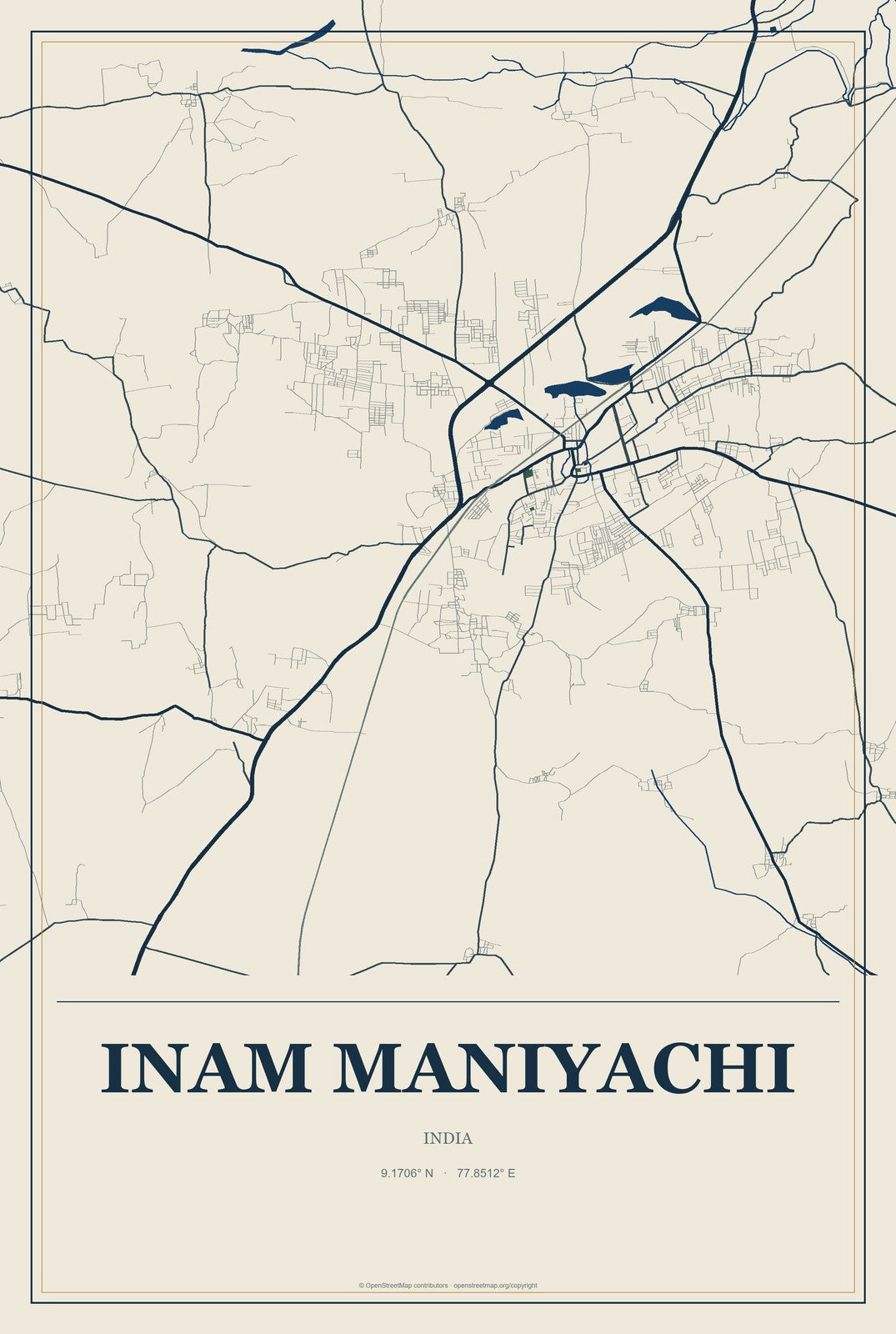 Inam Maniyachi, India City Map Aluminum Sign in Coastal Cutout style