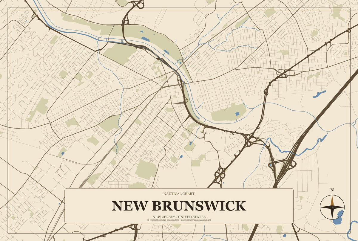 New Brunswick, New Jersey City Map Aluminum Sign in Heritage Nautical style