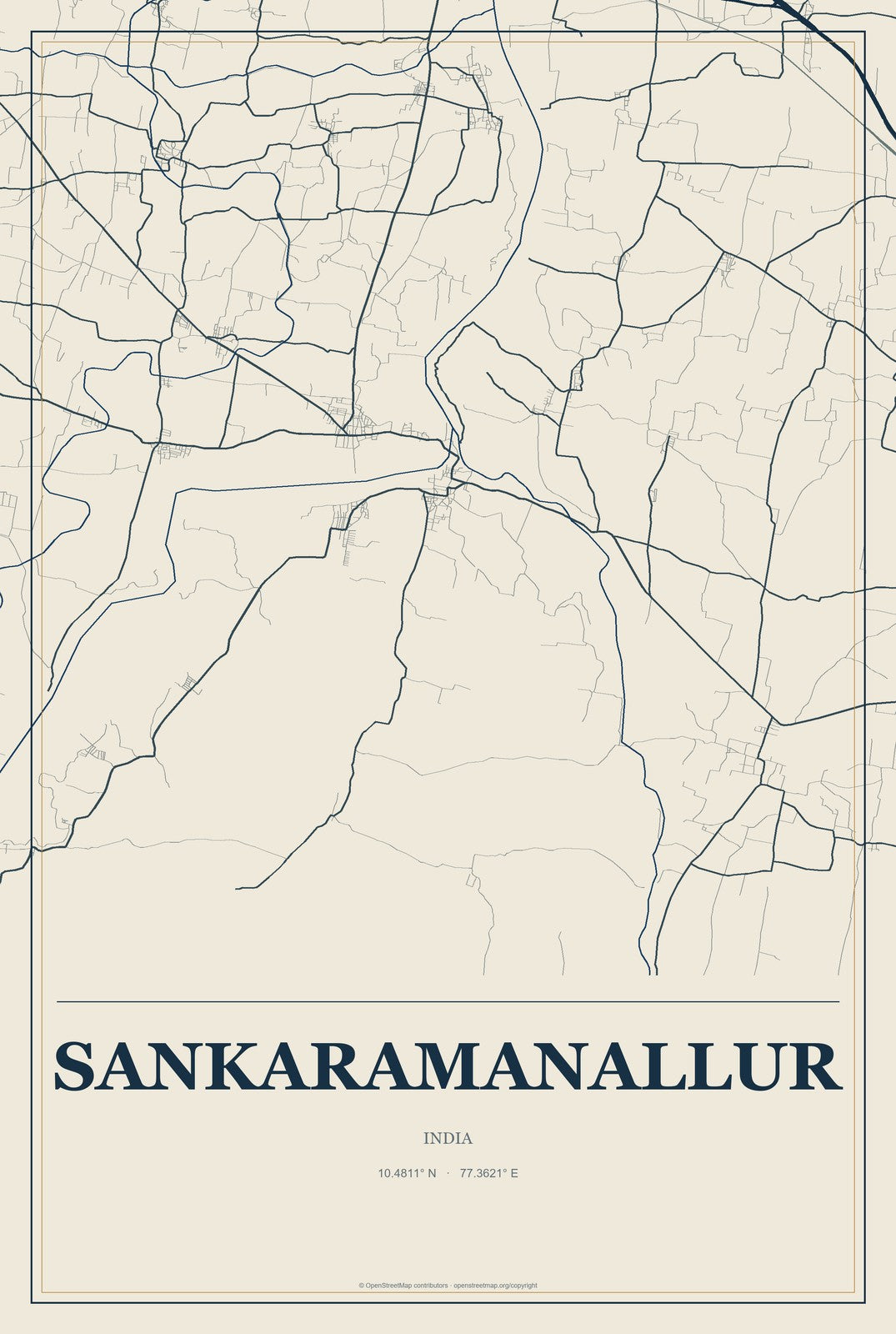 Sankaramanallur, India City Map Aluminum Sign in Coastal Cutout style