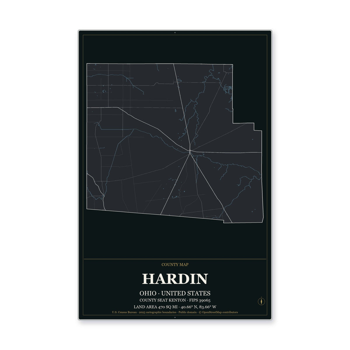 Hardin County, Ohio Map Aluminum Sign in Metropolitan Noir style