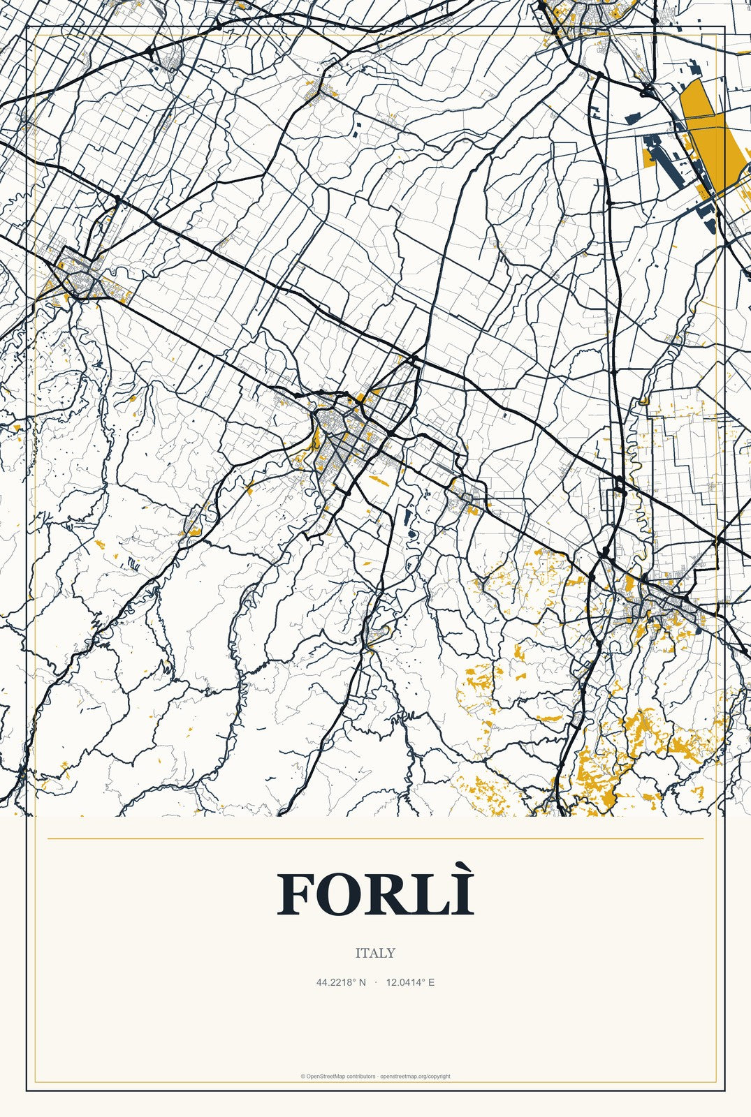 Forlì, Italy City Map Aluminum Sign in Citrine Modern style