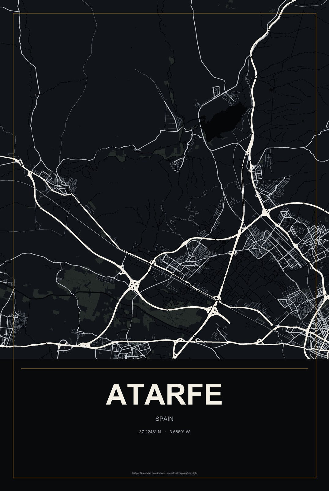 Atarfe, Spain City Map Aluminum Sign in Metropolitan Noir style