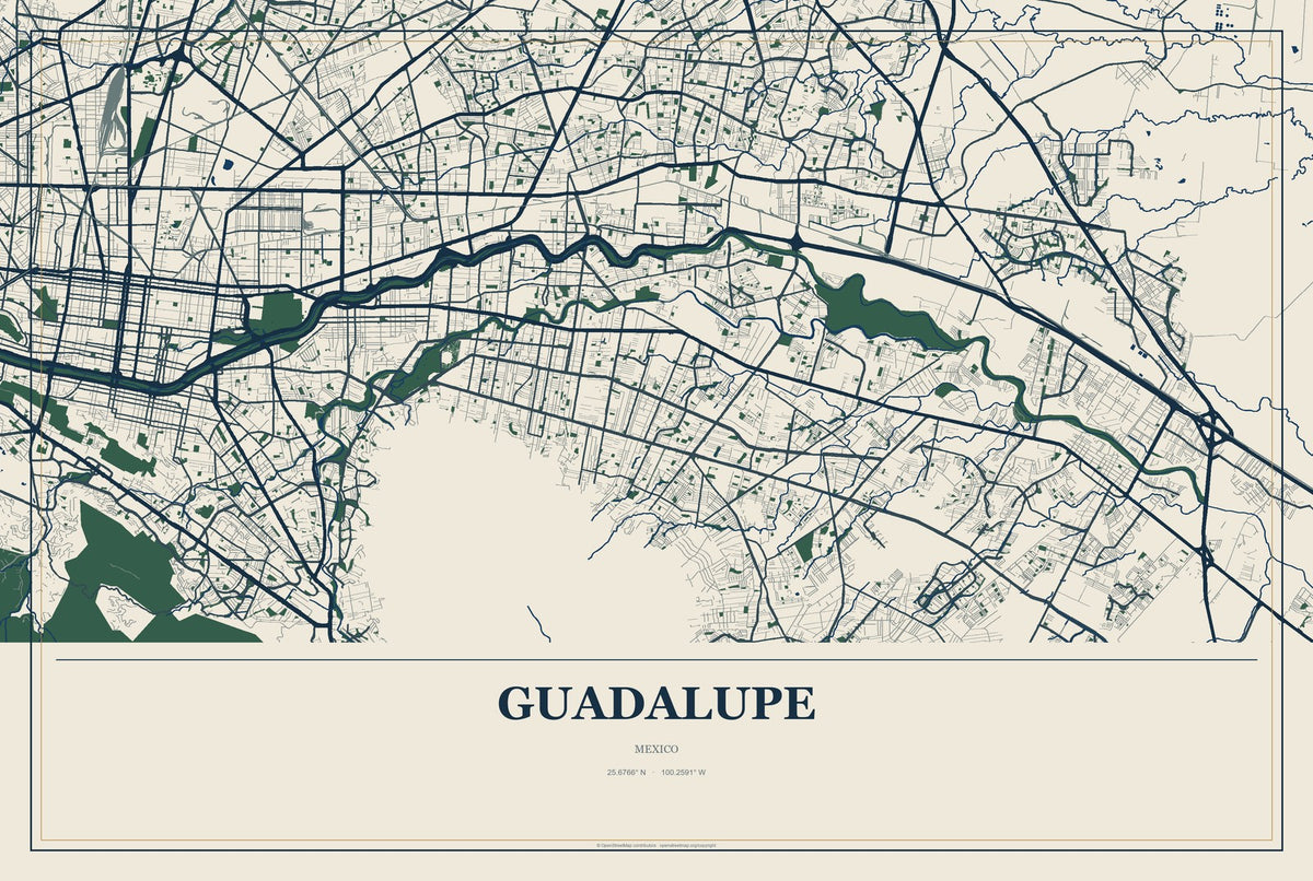 Guadalupe, Nuevo León, Mexico City Map Aluminum Sign in Coastal Cutout style