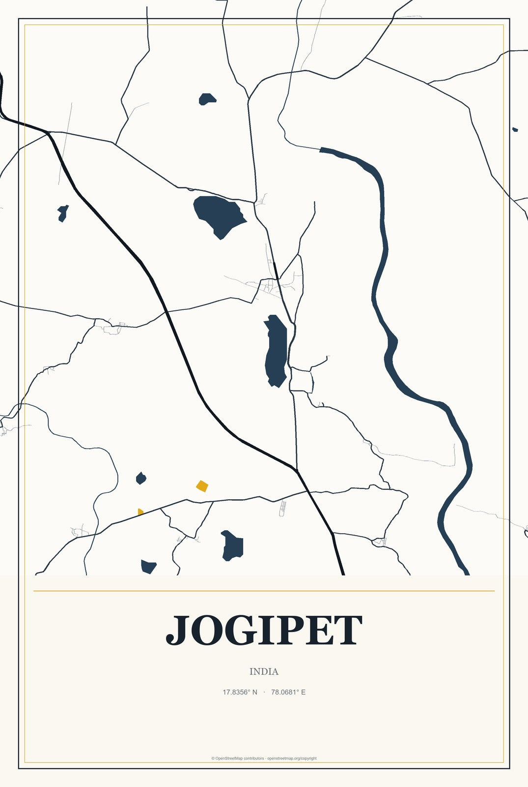 Jogipet, India City Map Aluminum Sign in Citrine Modern style