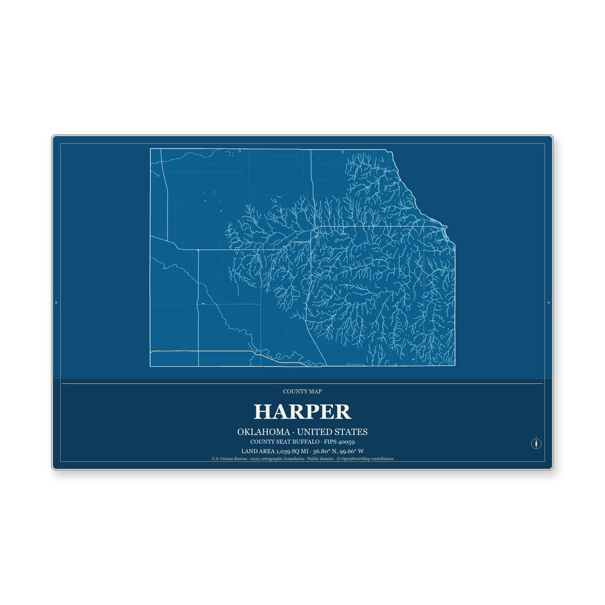 Harper County, Oklahoma Map Aluminum Sign in Harbor Cobalt style