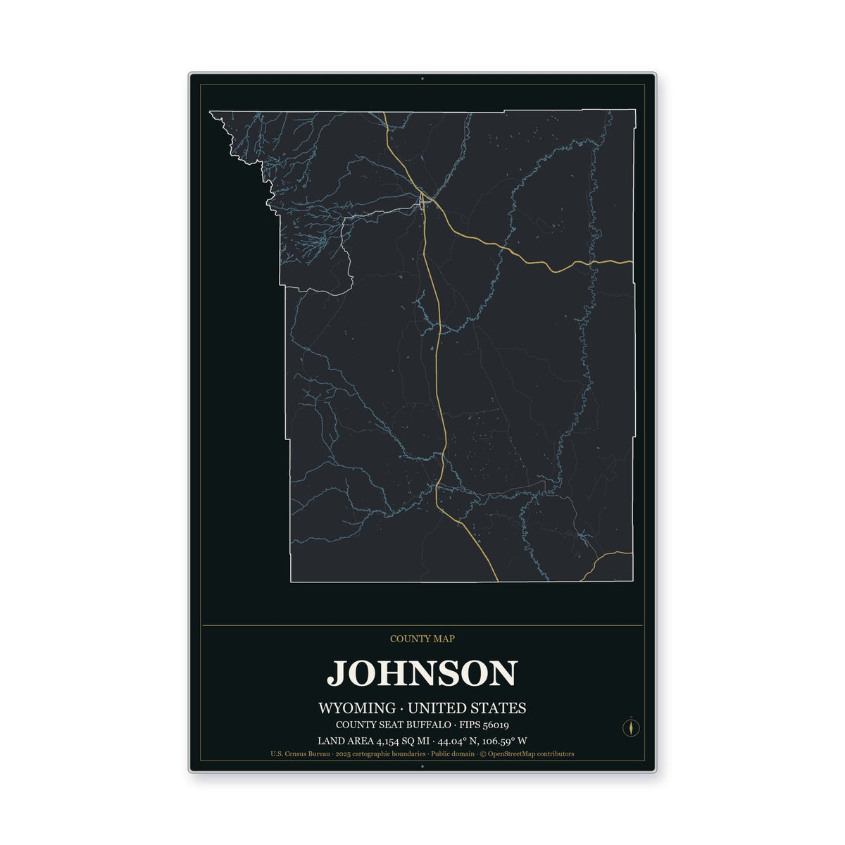 Johnson County, Wyoming Map Aluminum Sign in Metropolitan Noir style