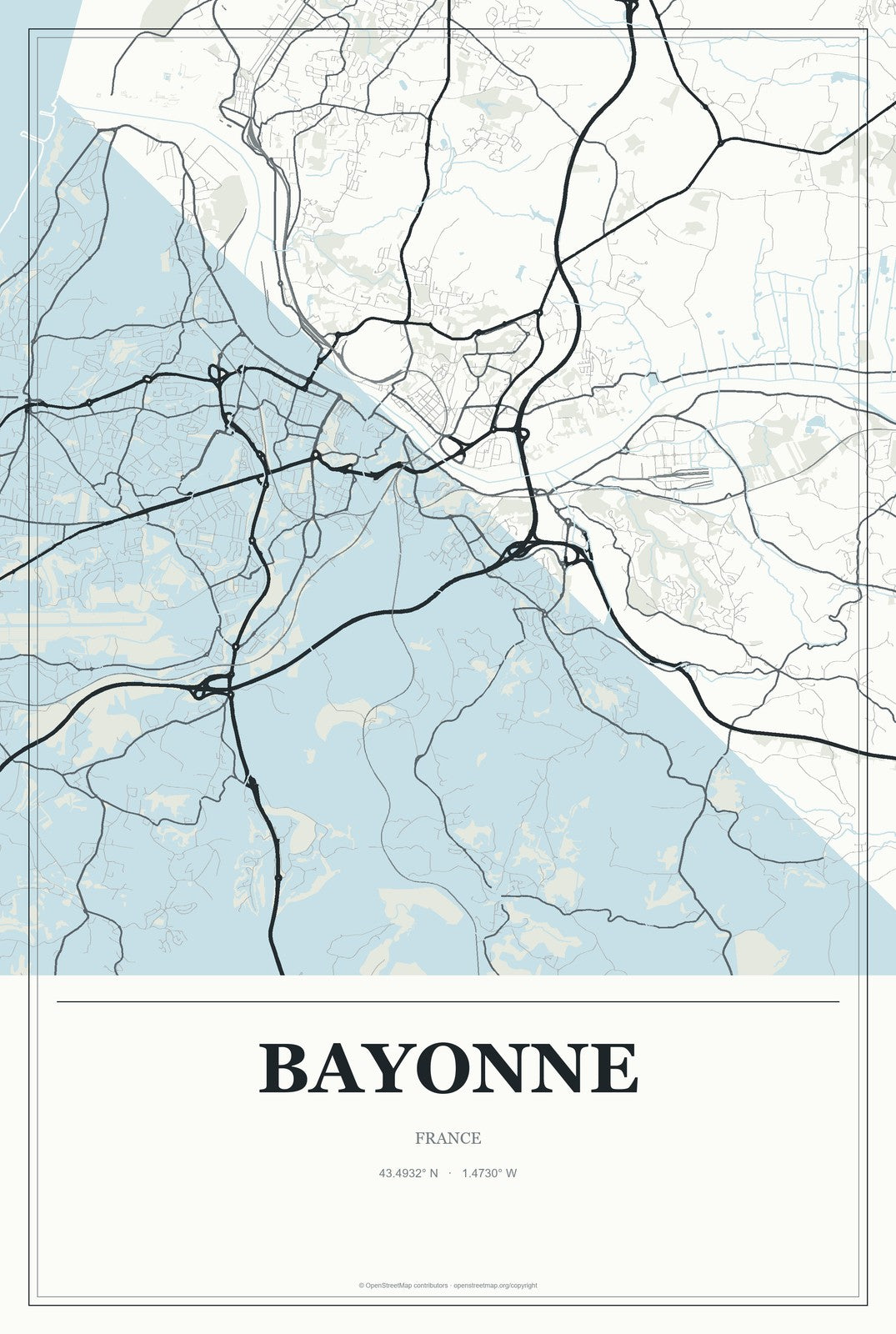 Bayonne, France City Map Aluminum Sign in Gallery Air style