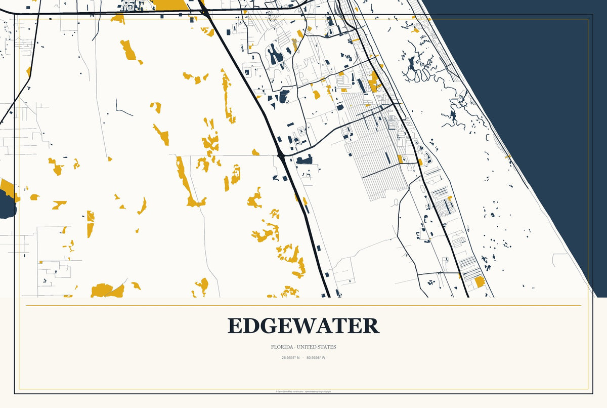 Edgewater, Florida City Map Aluminum Sign in Citrine Modern style