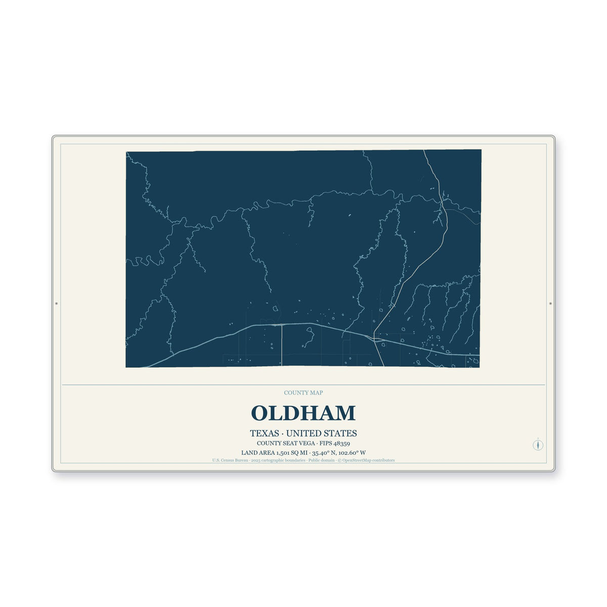 Oldham County, Texas Map Aluminum Sign in Coastal Cutout style