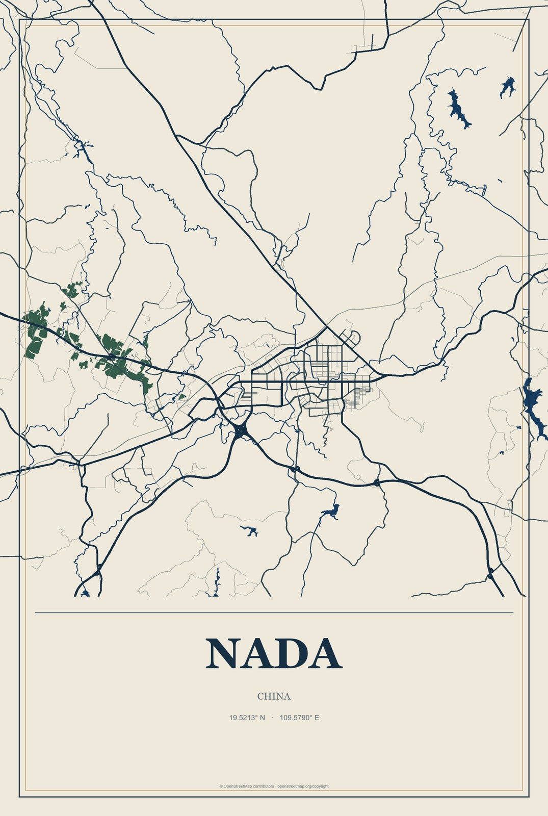 Nada, China City Map Aluminum Sign in Coastal Cutout style