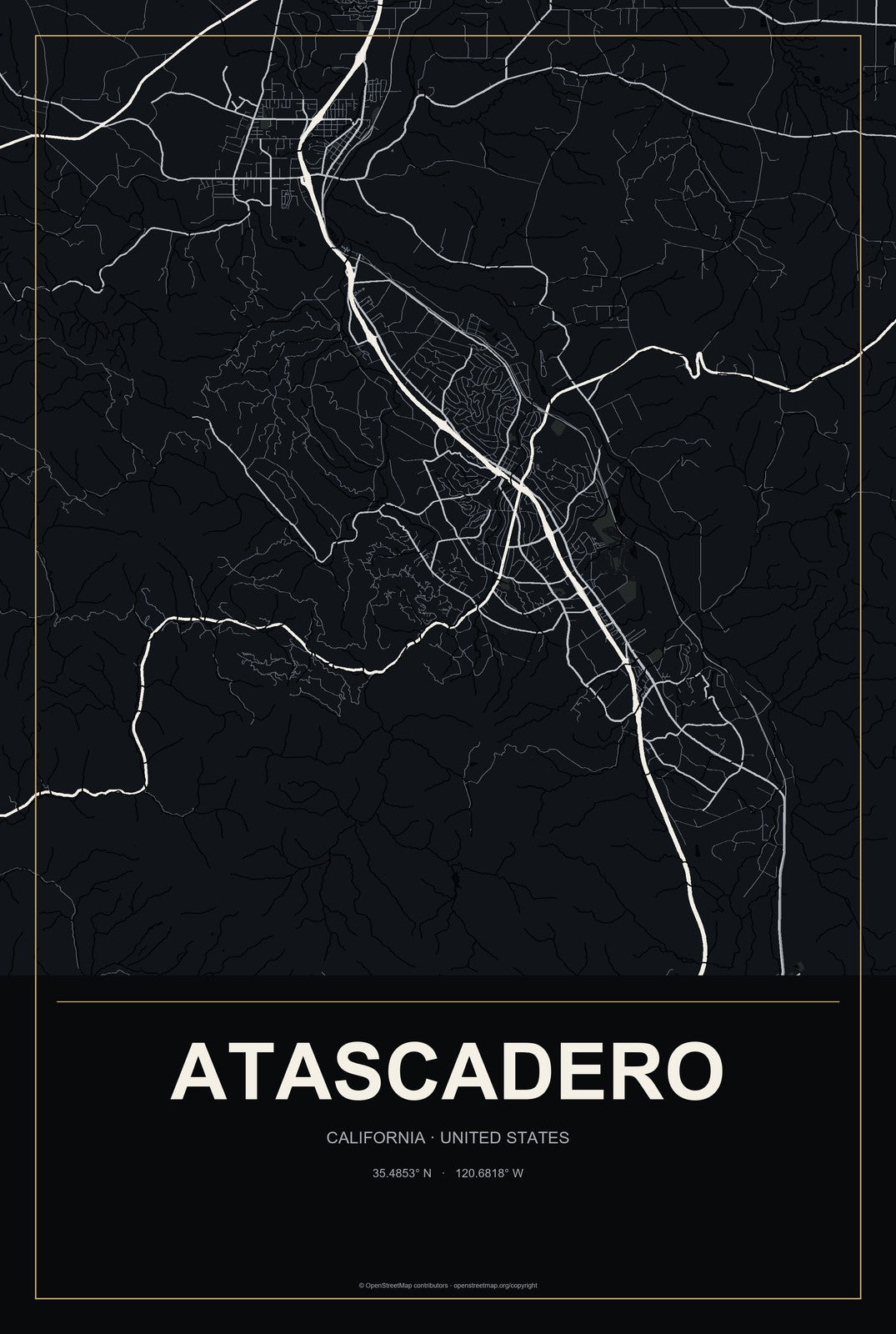 Atascadero, California City Map Aluminum Sign in Metropolitan Noir style