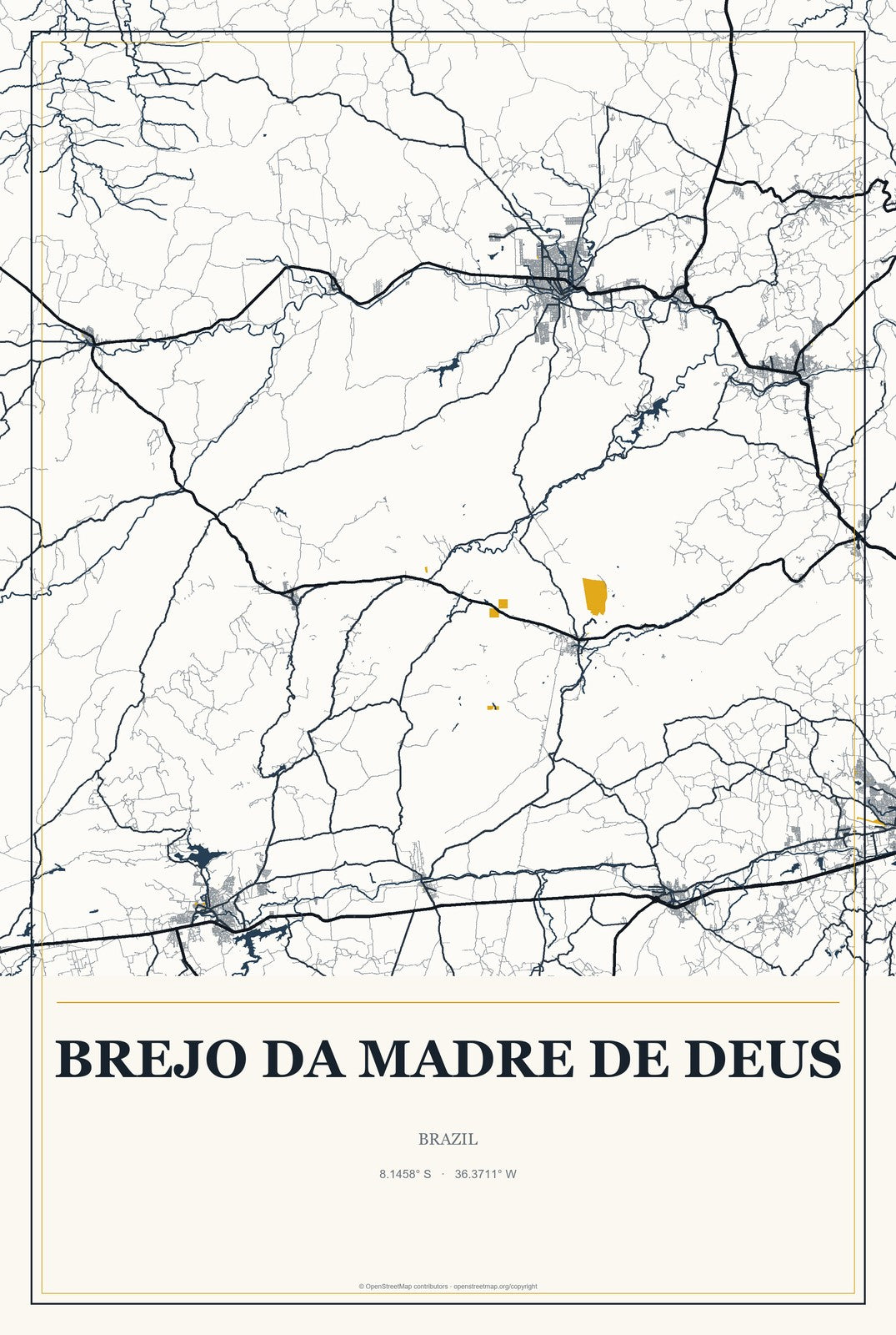 Brejo da Madre de Deus, Brazil City Map Aluminum Sign in Citrine Modern style