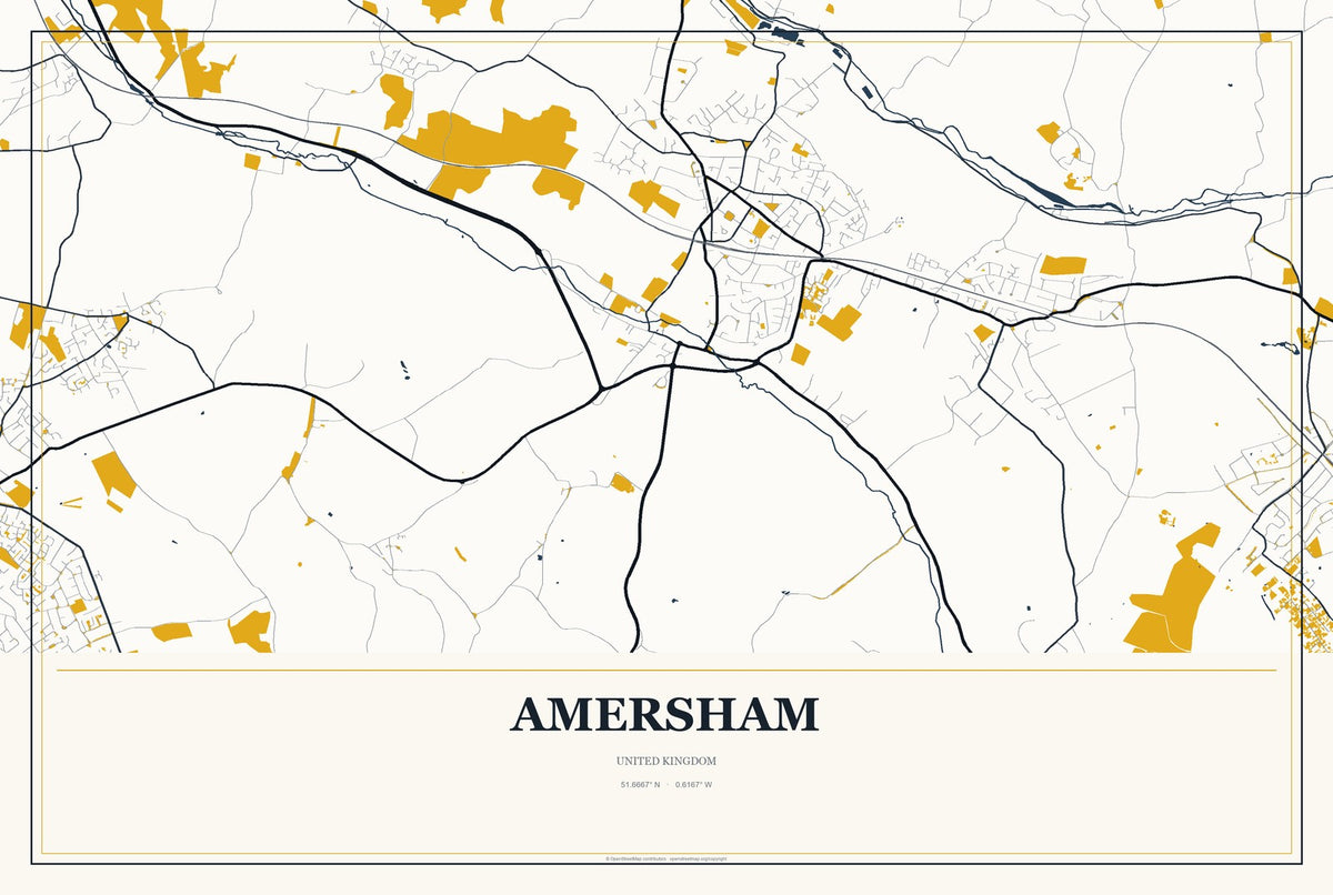 Amersham, United Kingdom City Map Aluminum Sign in Citrine Modern style