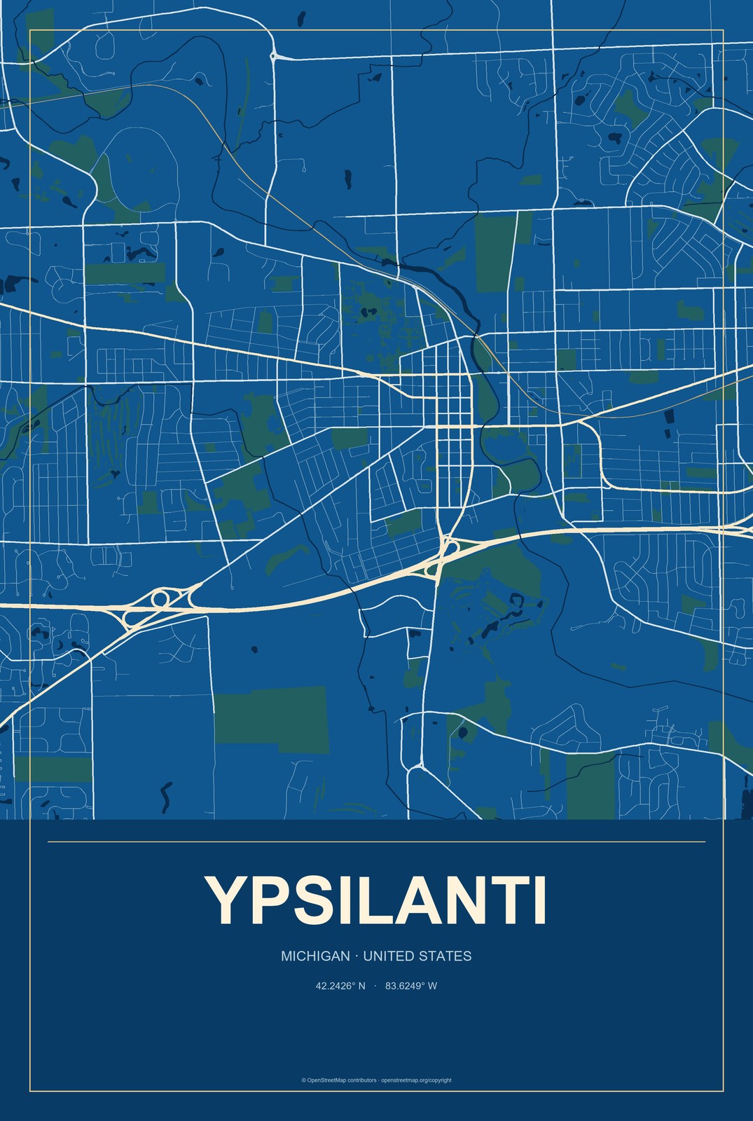 Ypsilanti, Michigan City Map Aluminum Sign in Harbor Cobalt style