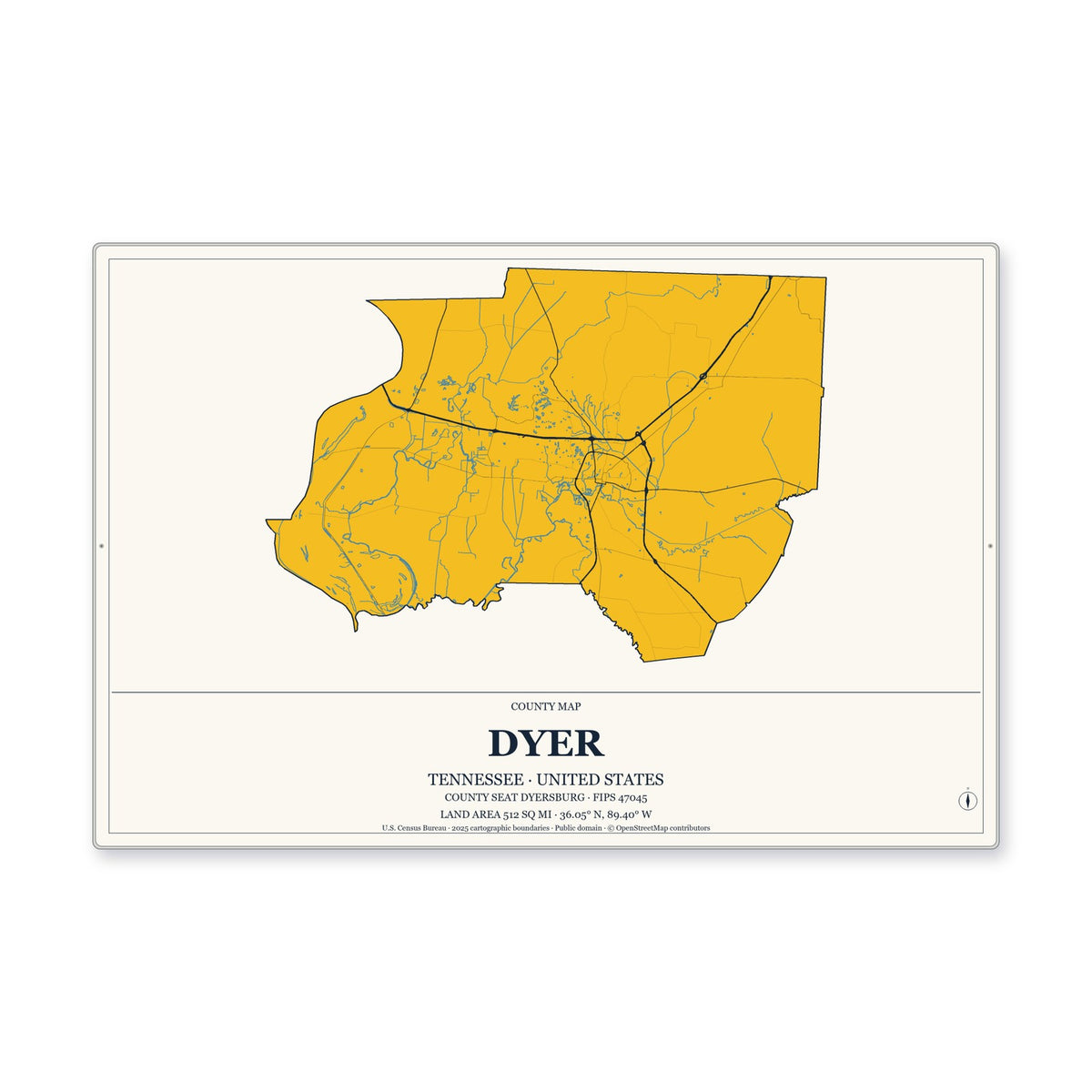 Dyer County, Tennessee Map Aluminum Sign in Citrine Modern style