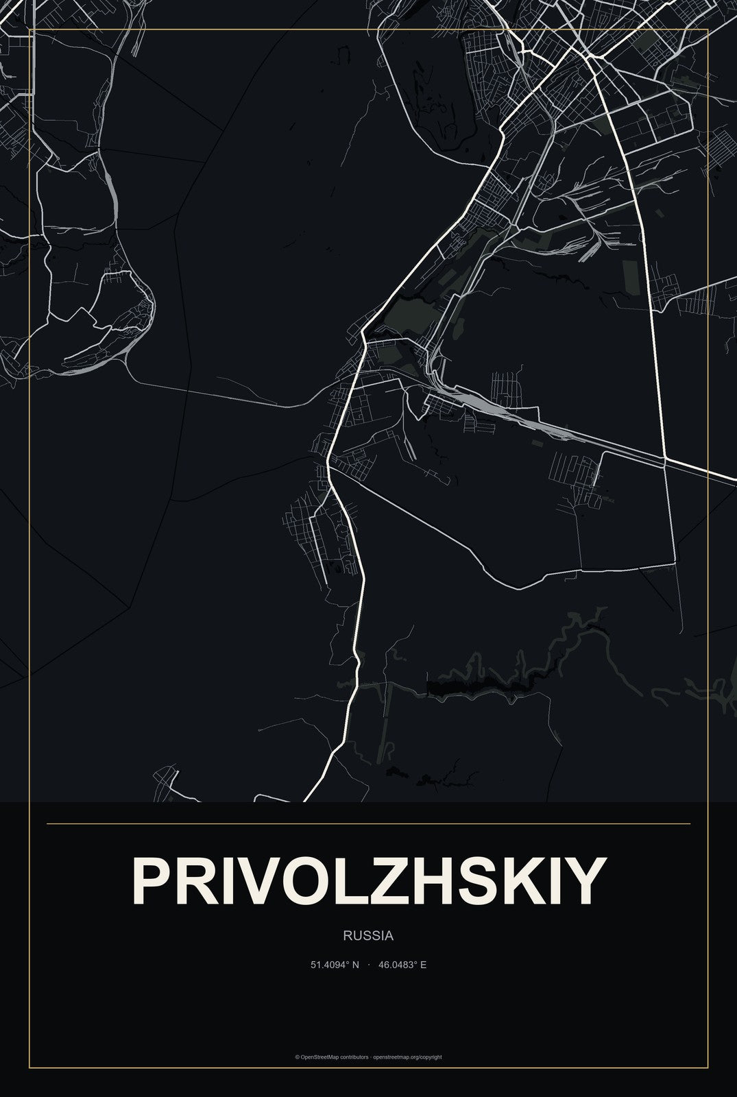 Privolzhskiy, Russia City Map Aluminum Sign in Metropolitan Noir style