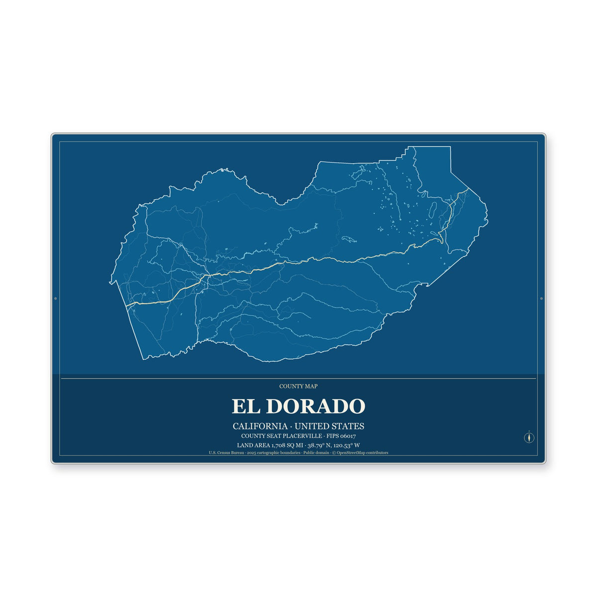El Dorado County, California Map Aluminum Sign in Harbor Cobalt style