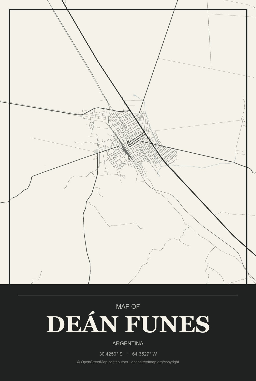 Deán Funes, Argentina City Map Aluminum Sign in Museum Plaque style