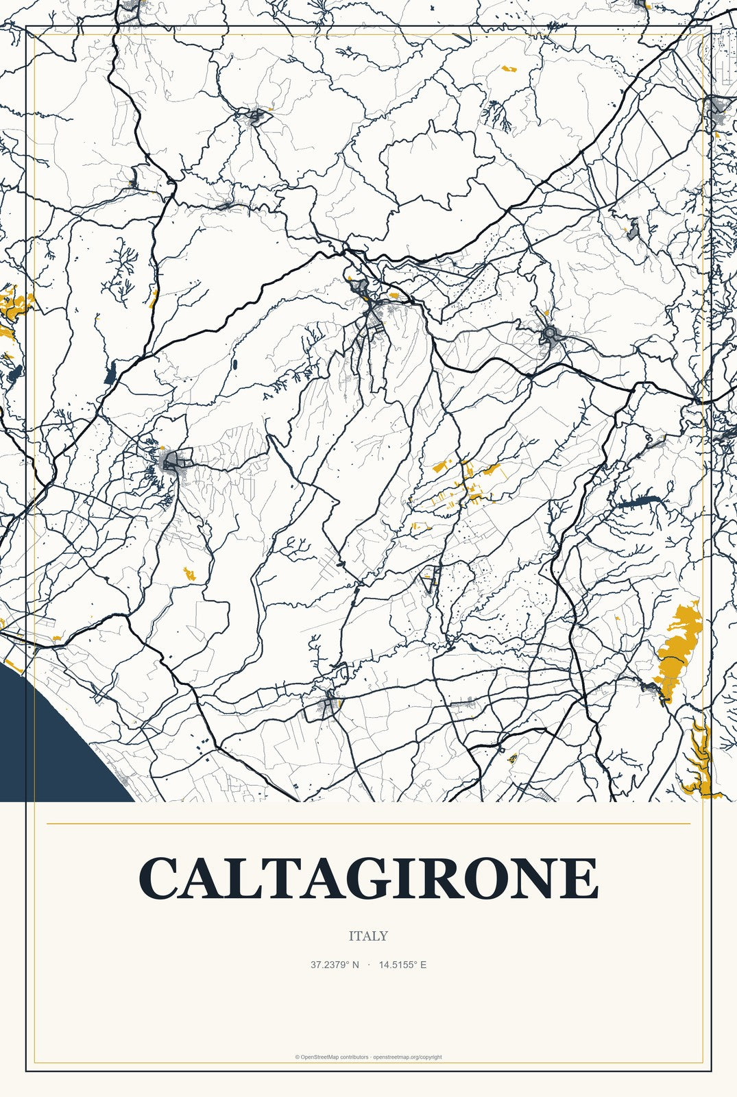 Caltagirone, Italy City Map Aluminum Sign in Citrine Modern style