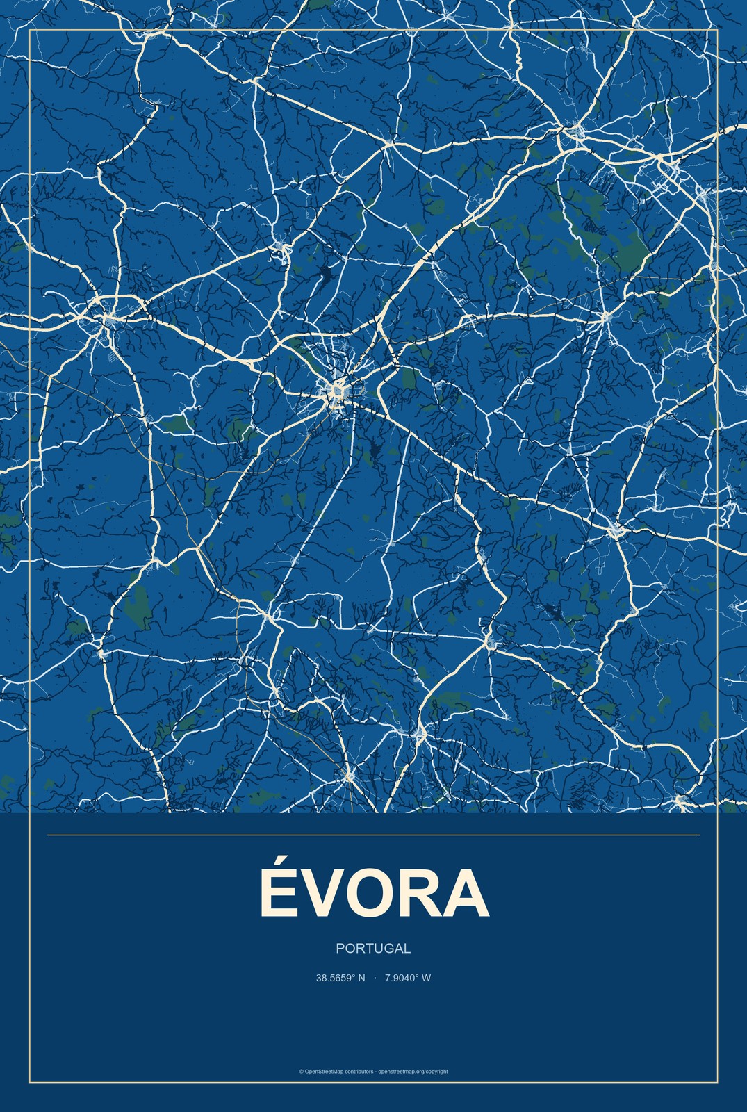 Évora, Portugal City Map Aluminum Sign in Harbor Cobalt style