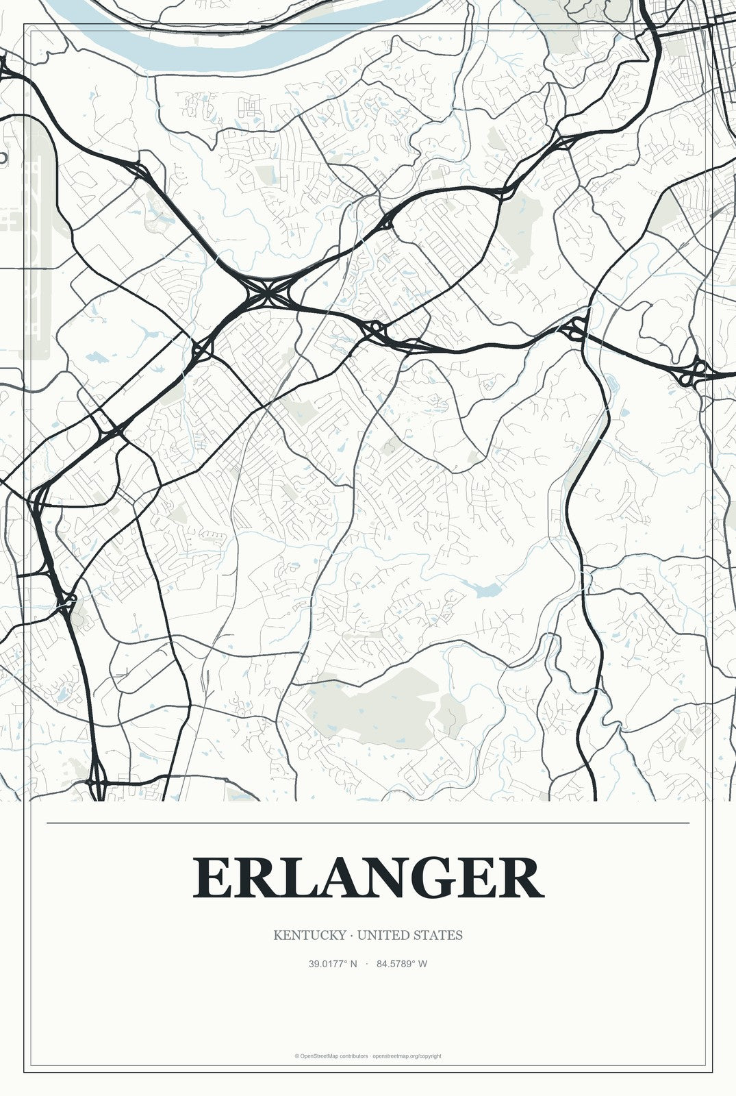 Erlanger, Kentucky City Map Aluminum Sign in Gallery Air style