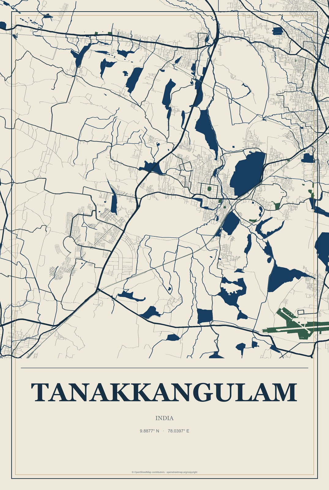 Tanakkangulam, India City Map Aluminum Sign in Coastal Cutout style