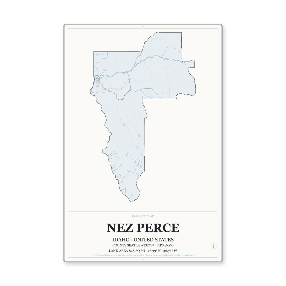 Nez Perce County, Idaho Map Aluminum Sign in Gallery Air style