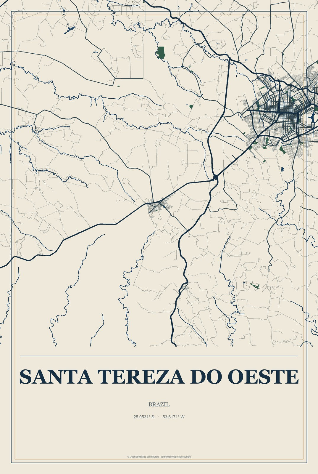Santa Tereza do Oeste, Brazil City Map Aluminum Sign in Coastal Cutout style