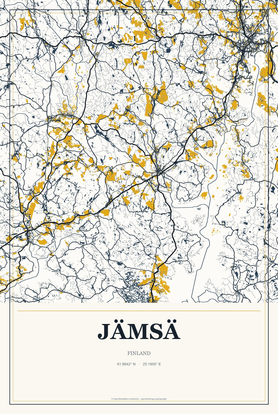 Jämsä, Finland City Map Aluminum Sign in Citrine Modern style