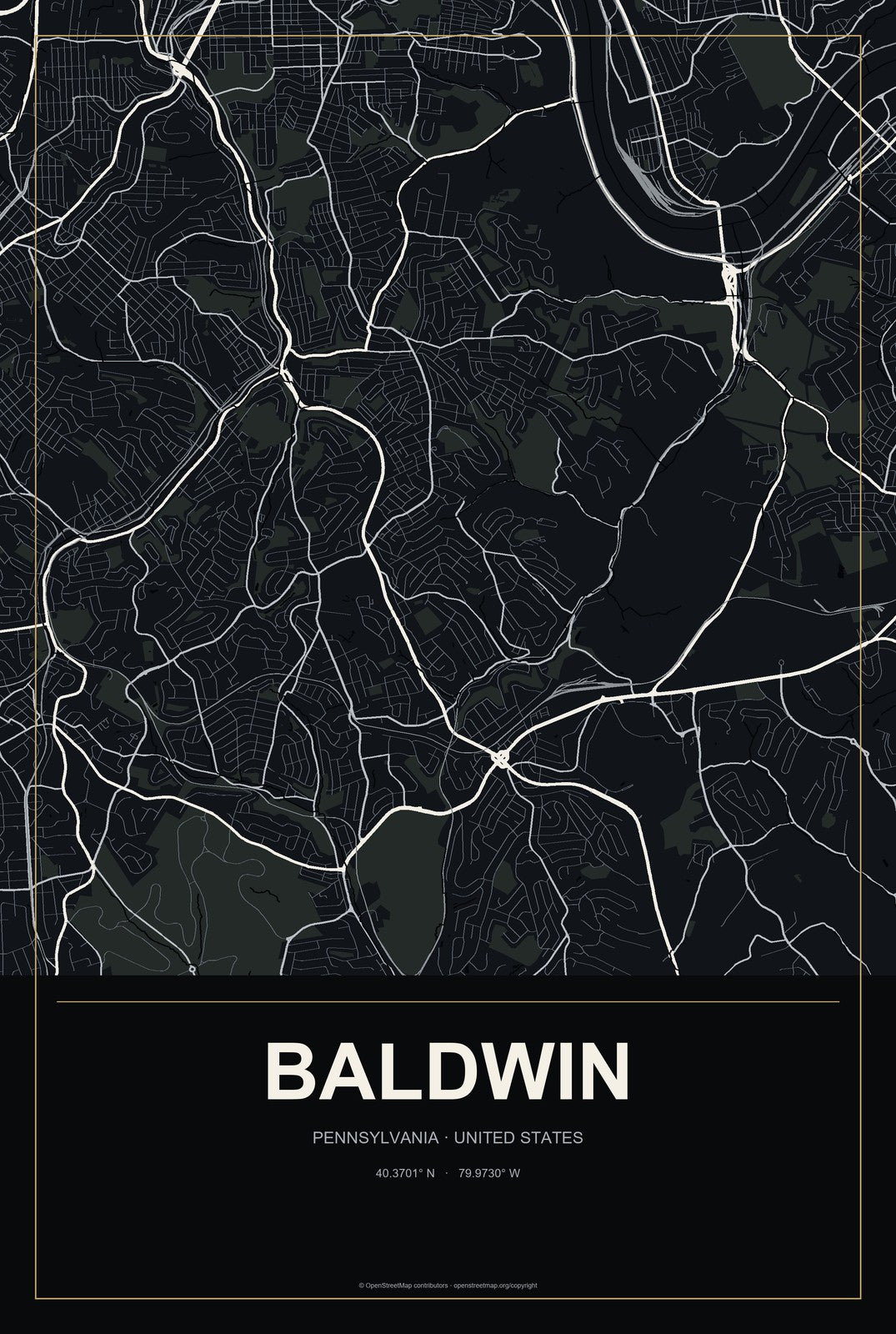 Baldwin, Pennsylvania City Map Aluminum Sign in Metropolitan Noir style