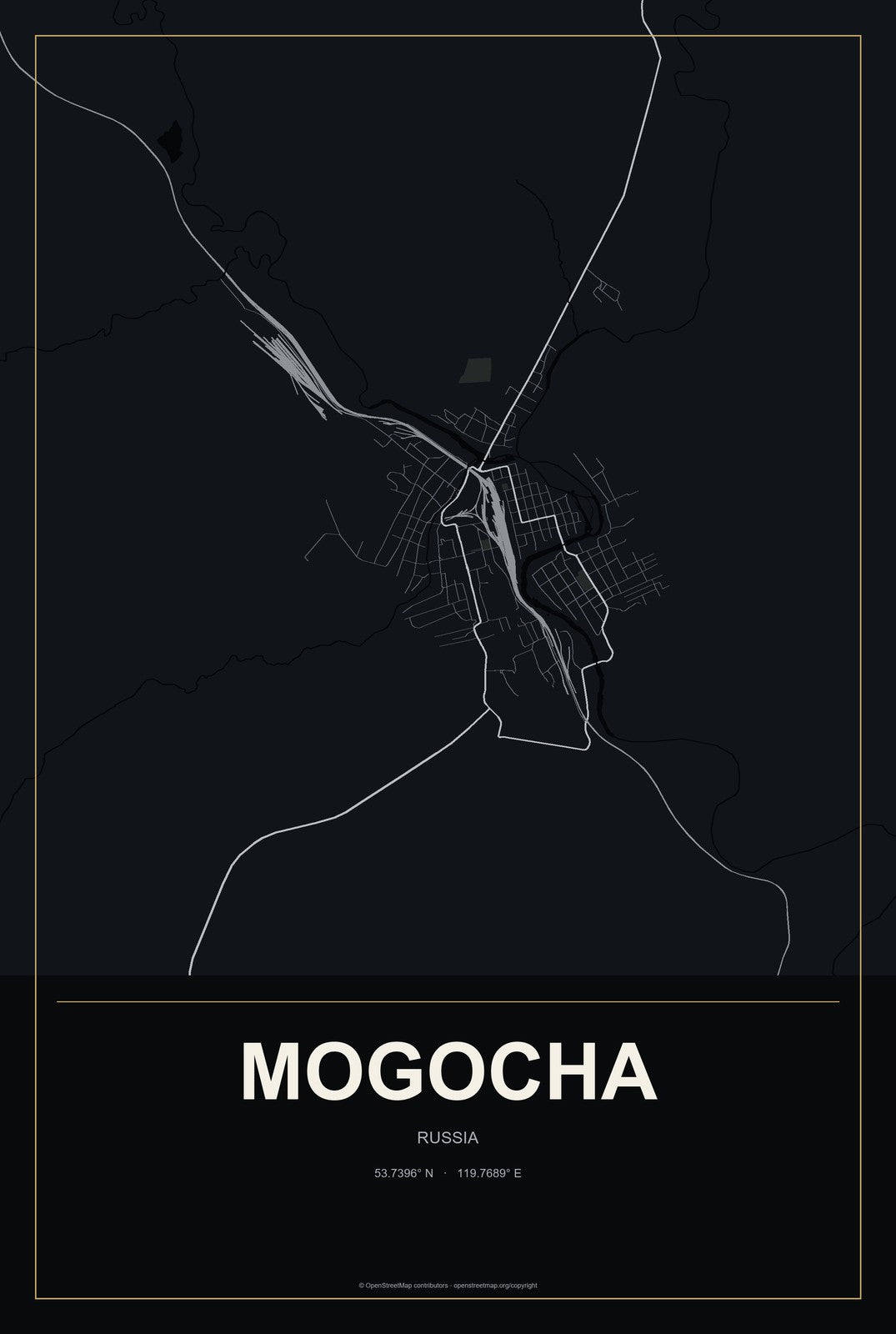 Mogocha, Russia City Map Aluminum Sign in Metropolitan Noir style