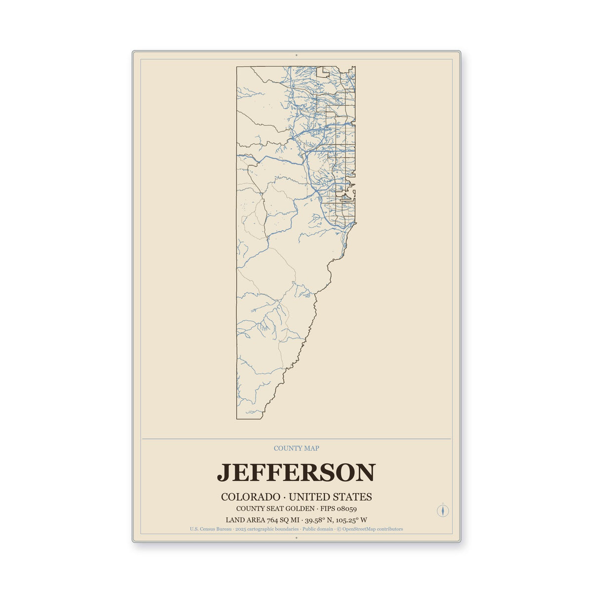 Jefferson County, Colorado Map Aluminum Sign in Heritage Nautical style