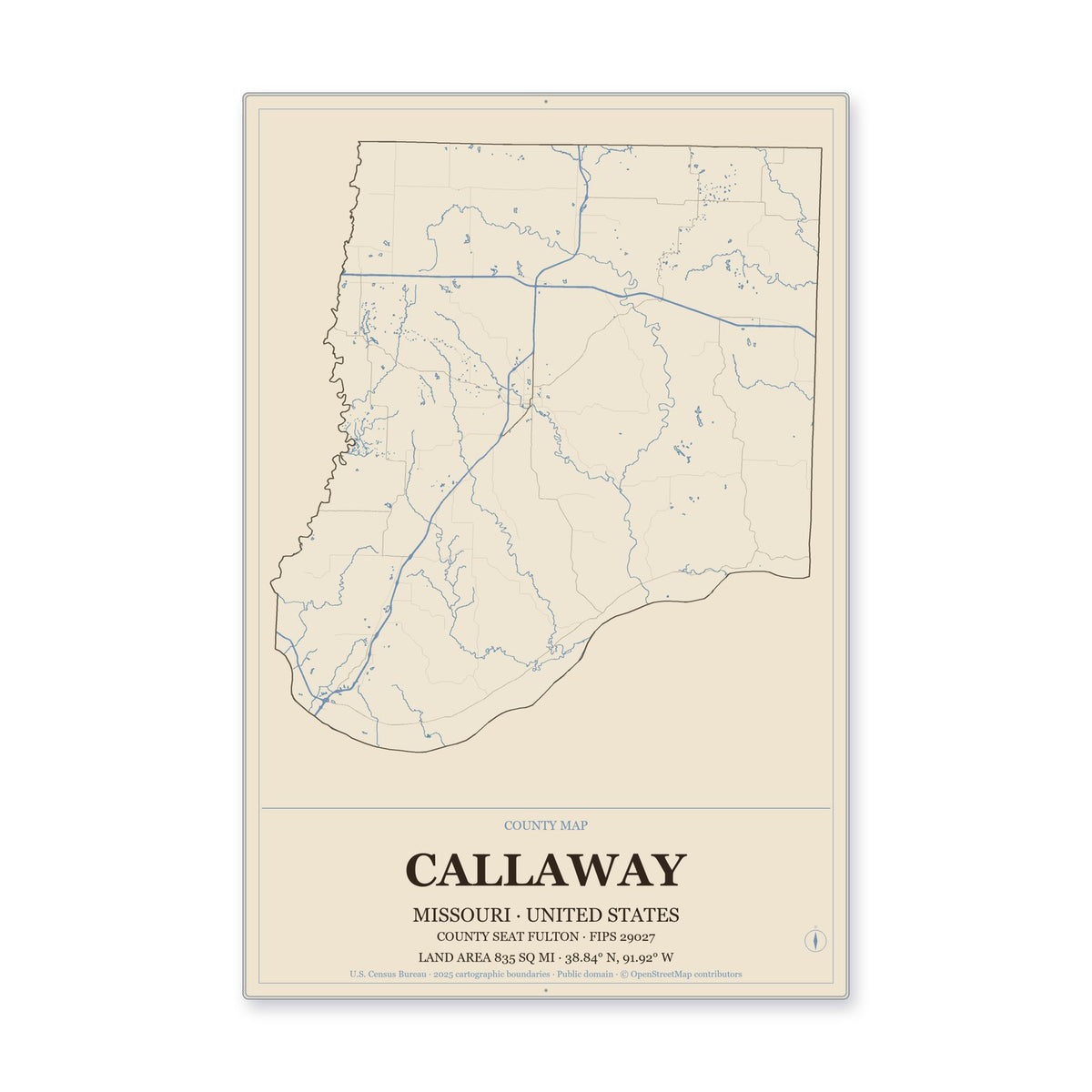 Callaway County, Missouri Map Aluminum Sign in Heritage Nautical style