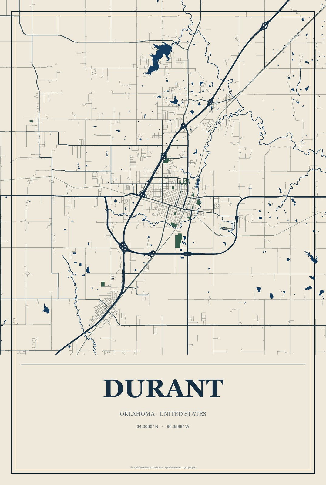 Durant, Oklahoma City Map Aluminum Sign in Coastal Cutout style