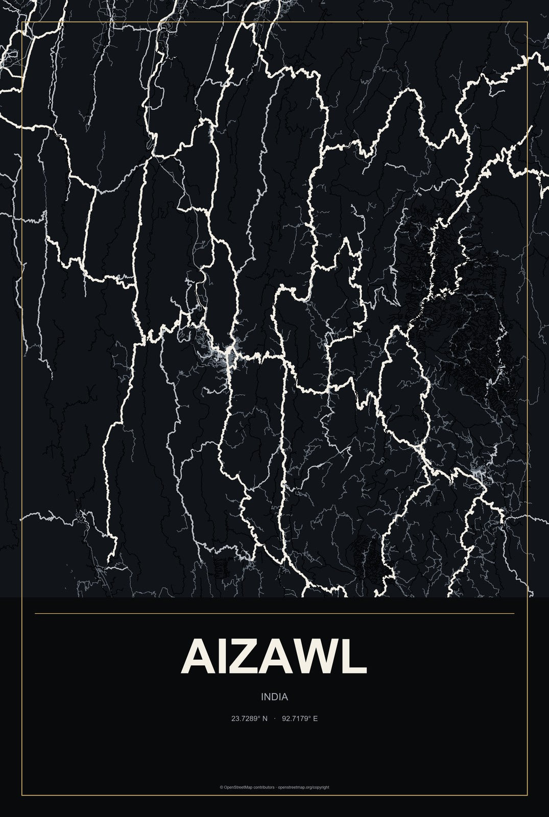 Aizawl, India City Map Aluminum Sign in Metropolitan Noir style
