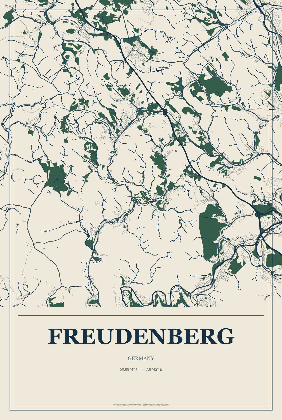 Freudenberg, Germany City Map Aluminum Sign in Coastal Cutout style