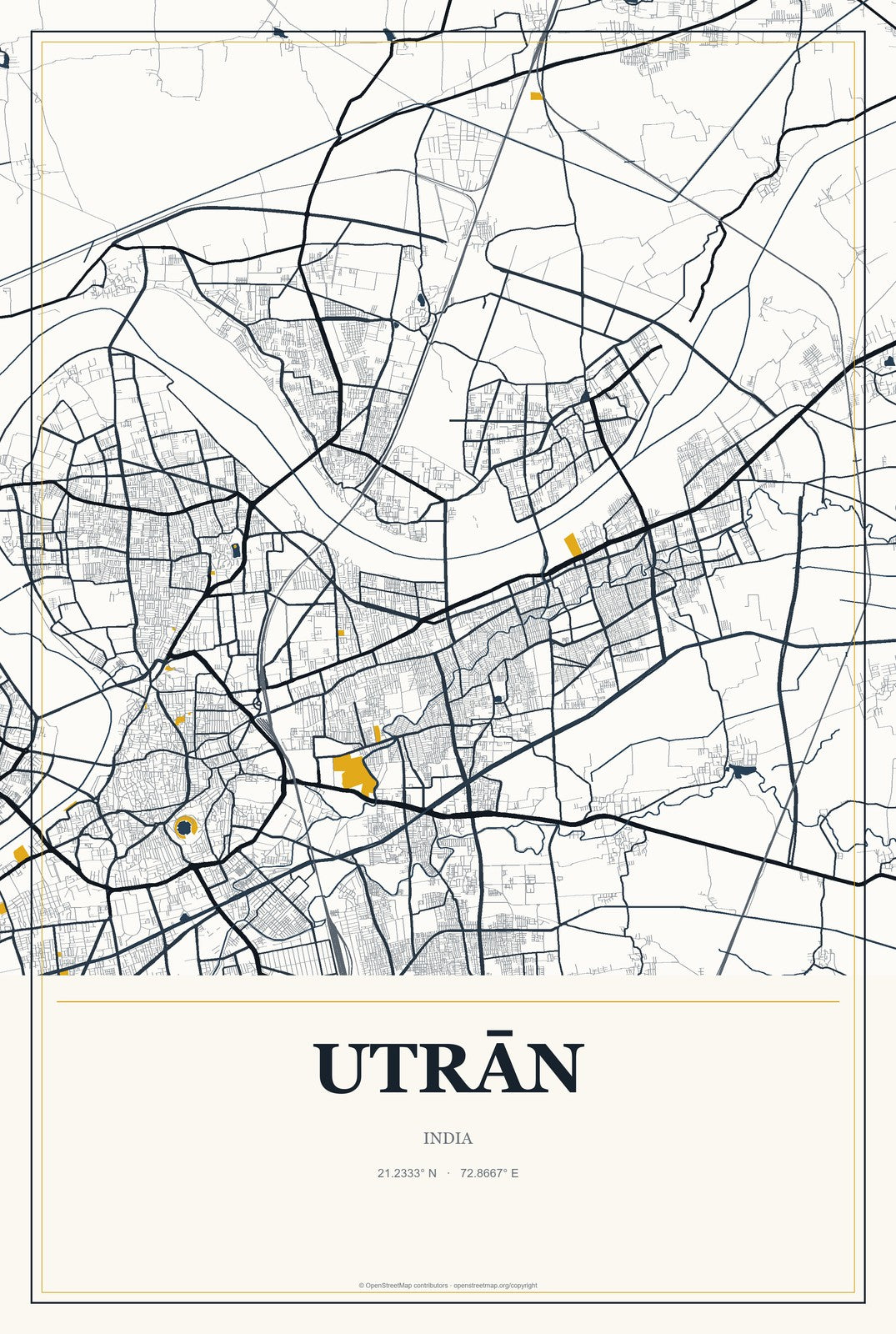 Utrān, India City Map Aluminum Sign in Citrine Modern style