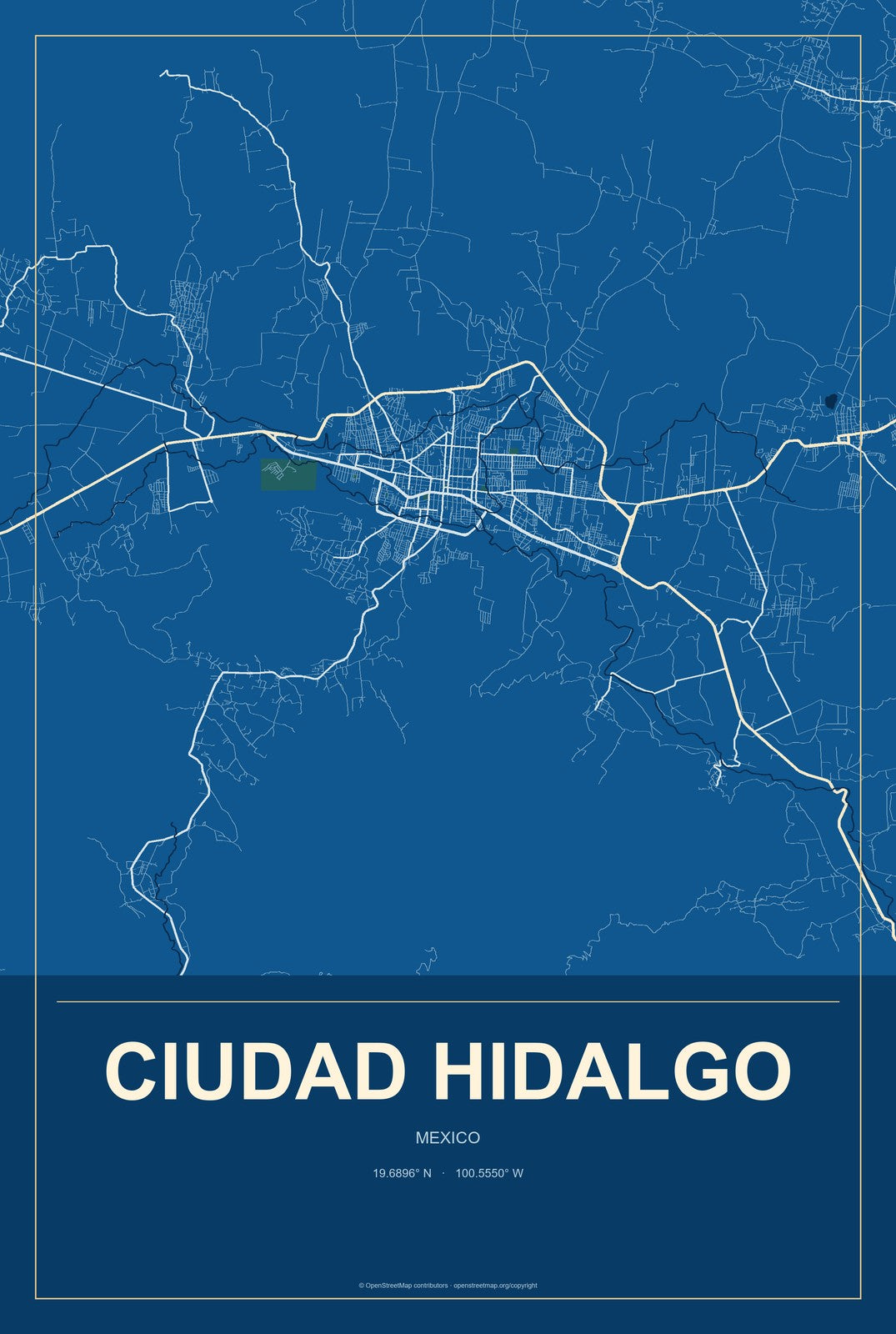 Ciudad Hidalgo, Chiapas, Mexico City Map Aluminum Sign in Harbor Cobalt style