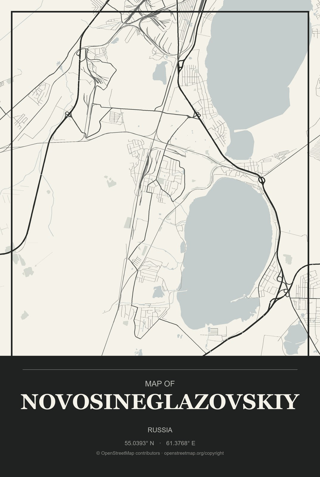 Novosineglazovskiy, Russia City Map Aluminum Sign in Museum Plaque style