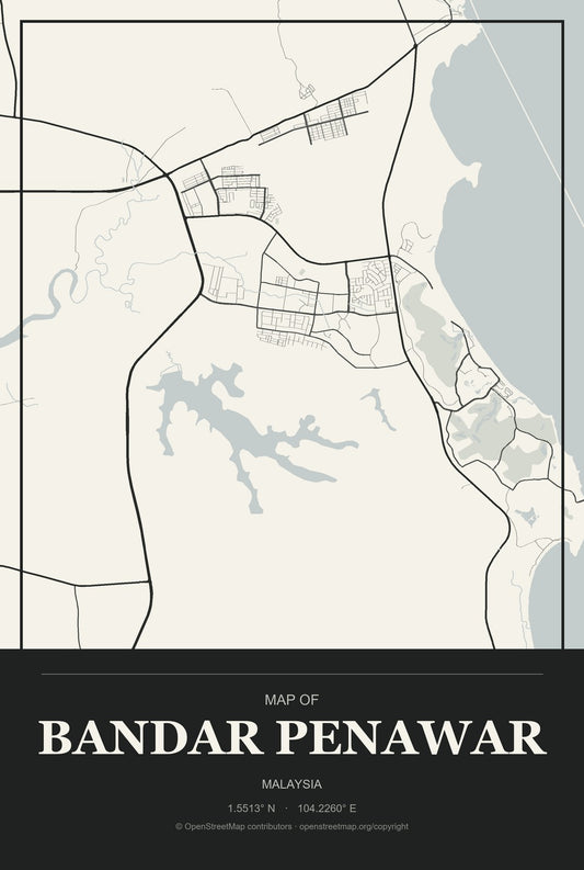 Bandar Penawar, Malaysia City Map Aluminum Sign in Museum Plaque style