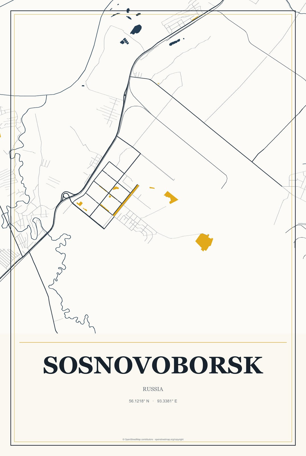 Sosnovoborsk, Russia City Map Aluminum Sign in Citrine Modern style